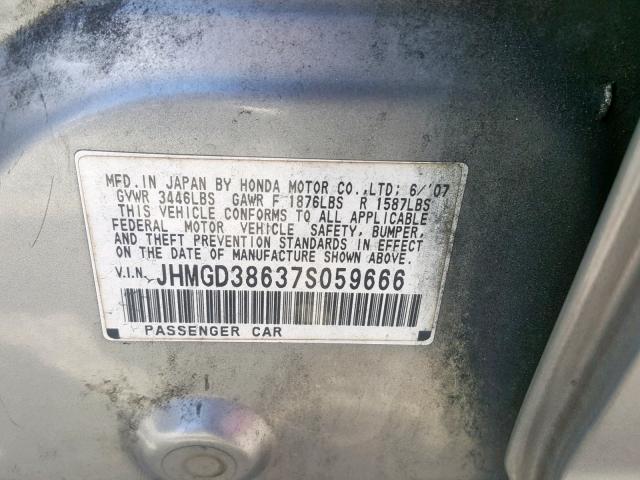 JHMGD38637S059666 - 2007 HONDA FIT S SILVER photo 10