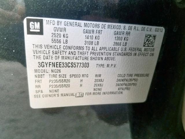 3GYFNEE33CS577303 - 2012 CADILLAC SRX PERFOR BLACK photo 10