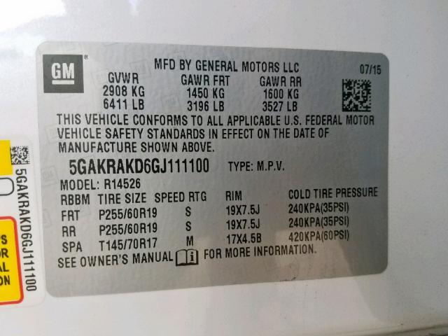 5GAKRAKD6GJ111100 - 2016 BUICK ENCLAVE WHITE photo 10