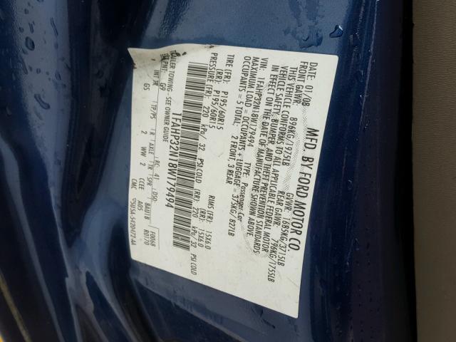 1FAHP32N18W179494 - 2008 FORD FOCUS S/SE BLUE photo 10