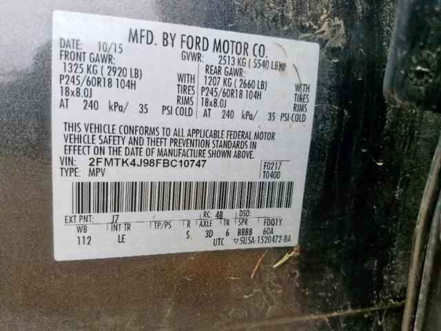 2FMTK4J98FBC10747 - 2015 FORD EDGE SEL CHARCOAL photo 10