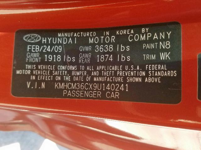 KMHCM36CX9U140241 - 2009 HYUNDAI ACCENT GS ORANGE photo 10