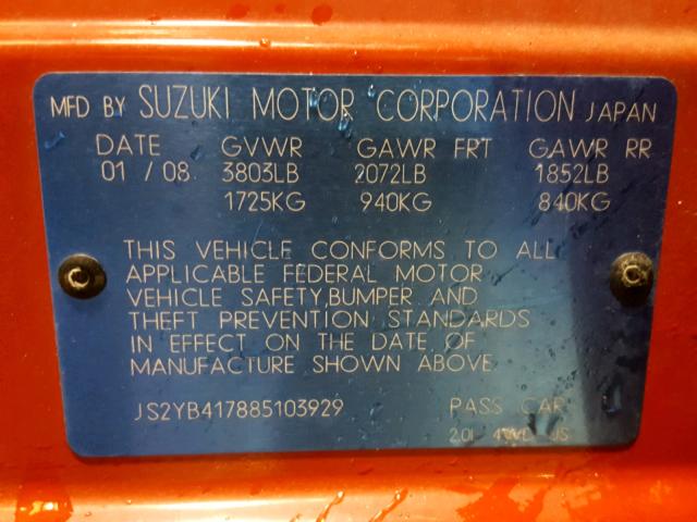 JS2YB417885103929 - 2008 SUZUKI SX4 TOURIN RED photo 10