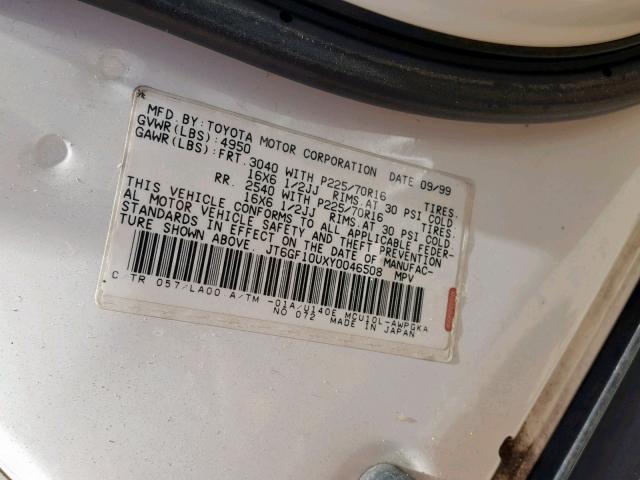 JT6GF10UXY0046508 - 2000 LEXUS RX 300 WHITE photo 10