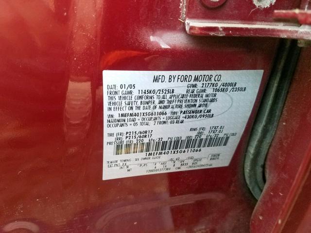 1MEFM401X5G611066 - 2005 MERCURY MONTEGO LU MAROON photo 10