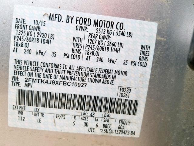 2FMTK4J9XFBC10927 - 2015 FORD EDGE SEL SILVER photo 10