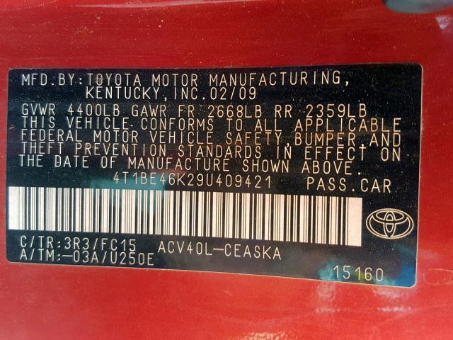 4T1BE46K29U409421 - 2009 TOYOTA CAMRY BASE RED photo 10