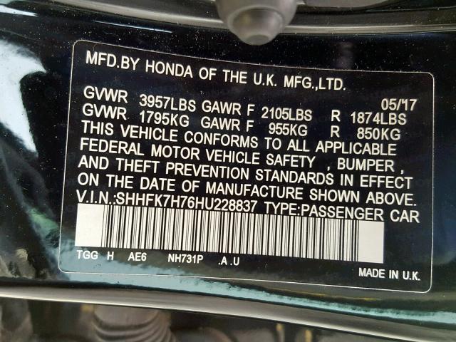 SHHFK7H76HU228837 - 2017 HONDA CIVIC EXL 黑色 照片 10