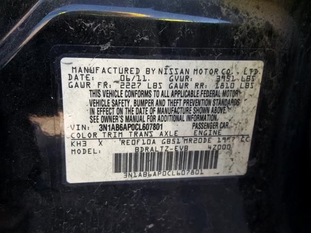 3N1AB6AP0CL607801 - 2012 NISSAN SENTRA 2.0 BLACK photo 10