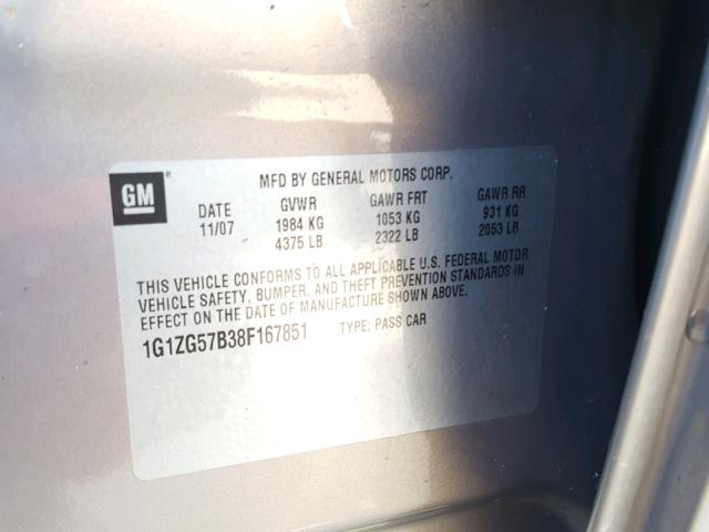 1G1ZG57B38F167851 - 2008 CHEVROLET MALIBU LS 棕色 照片 10