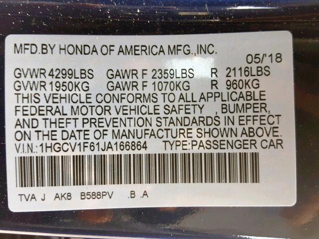 1HGCV1F61JA166864 - 2018 HONDA ACCORD EXL BLUE photo 10