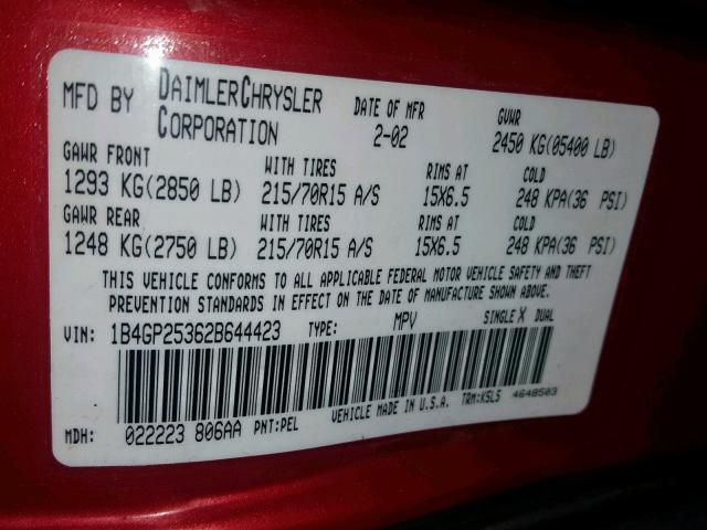 1B4GP25362B644423 - 2002 DODGE CARAVAN SE RED photo 10