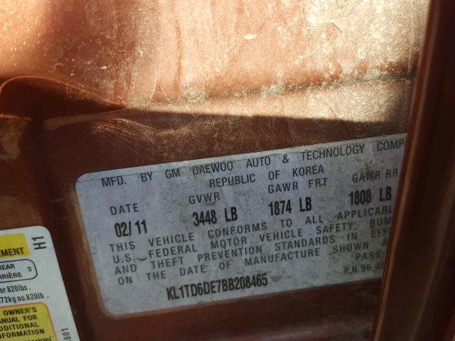KL1TD6DE7BB208465 - 2011 CHEVROLET AVEO LS BROWN photo 10