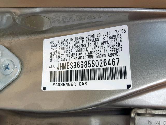 JHMES96685S026467 - 2005 HONDA CIVIC HYBR GOLD photo 10