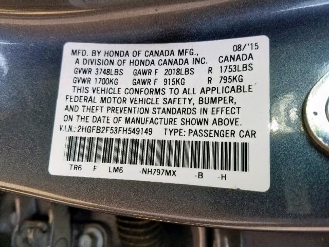 2HGFB2F53FH549149 - 2015 HONDA CIVIC LX GRAY photo 10