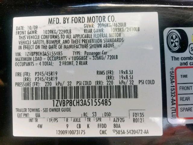 1ZVBP8CH3A5155485 - 2010 FORD MUSTANG GT BLACK photo 10