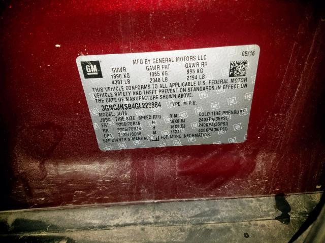 3GNCJNSB4GL228884 - 2016 CHEVROLET TRAX LS MAROON photo 10