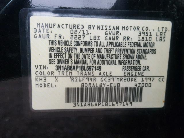 3N1AB6AP1BL697149 - 2011 NISSAN SENTRA 2.0 BLACK photo 10