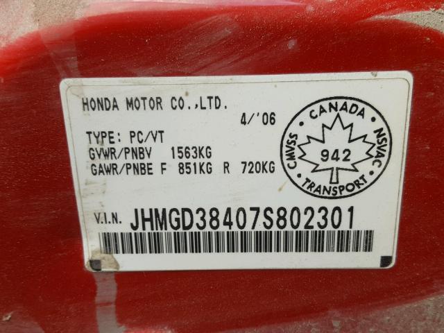 JHMGD38407S802301 - 2007 HONDA FIT RED photo 10