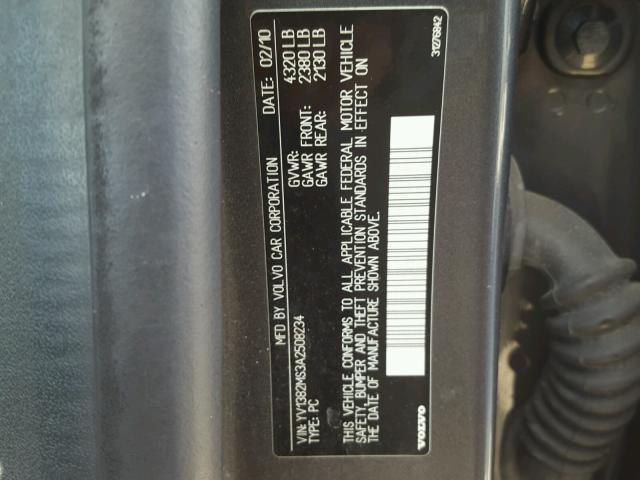 YV1382MS3A2508234 - 2010 VOLVO S40 2.4I GRAY photo 10