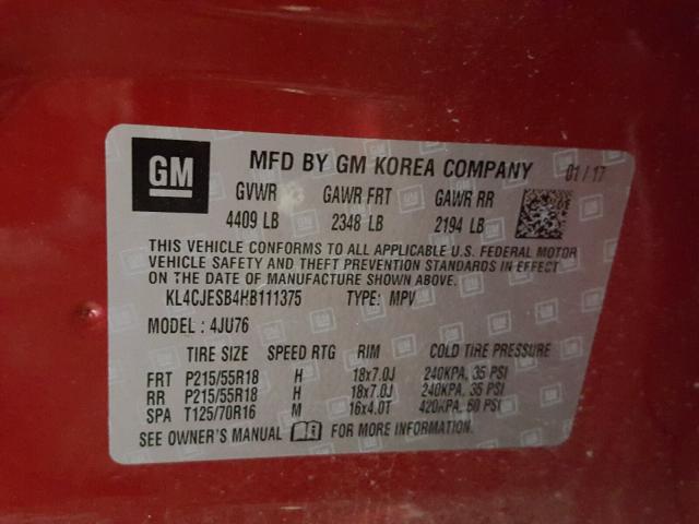 KL4CJESB4HB111375 - 2017 BUICK ENCORE PRE RED photo 10