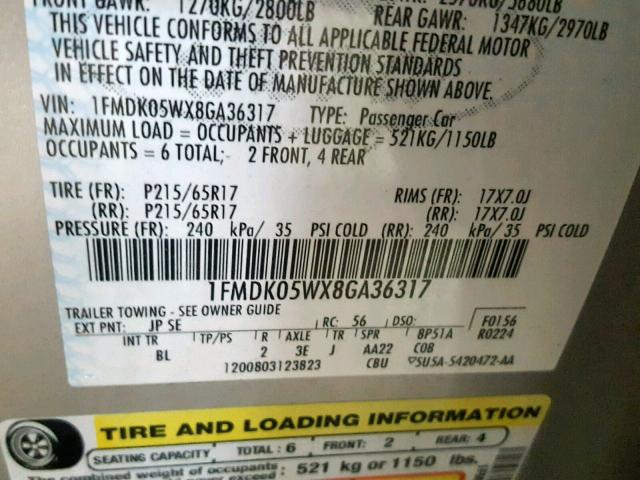 1FMDK05WX8GA36317 - 2008 FORD TAURUS X S SILVER photo 10