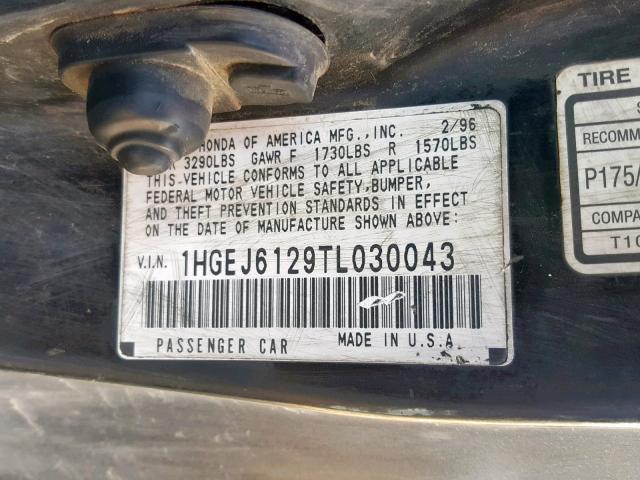 1HGEJ6129TL030043 - 1996 HONDA CIVIC DX GRAY photo 10