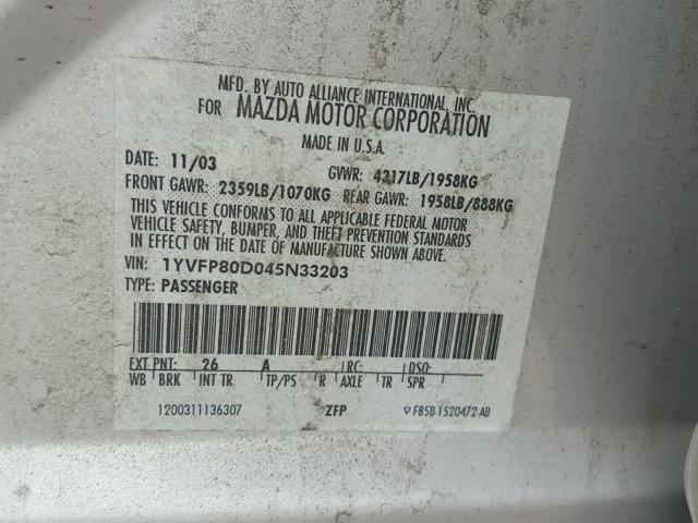 1YVFP80D045N33203 - 2004 MAZDA 6 S SILVER photo 10