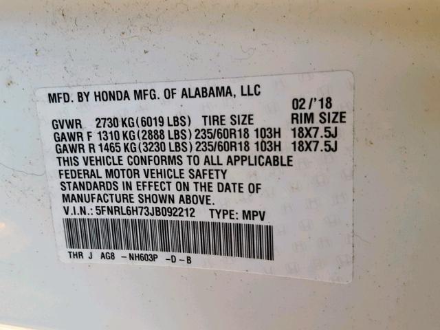 5FNRL6H73JB092212 - 2018 HONDA ODYSSEY EX WHITE photo 10