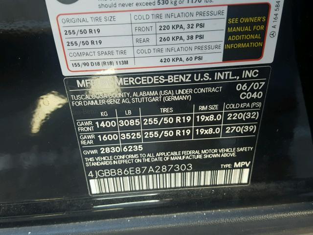 4JGBB86E87A287303 - 2007 MERCEDES-BENZ ML 350 BLACK photo 10