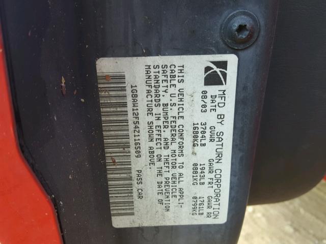 1G8AW12F54Z116509 - 2004 SATURN ION LEVEL RED photo 10