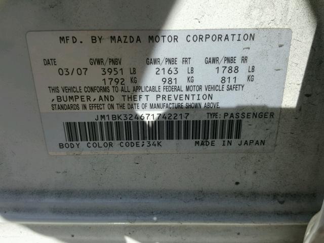 JM1BK324671742217 - 2007 MAZDA 3 S WHITE photo 10