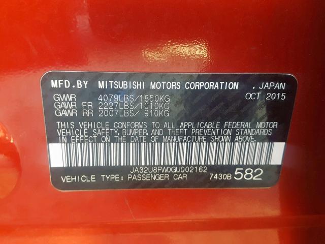 JA32U8FW0GU002162 - 2016 MITSUBISHI LANCER GT RED photo 10