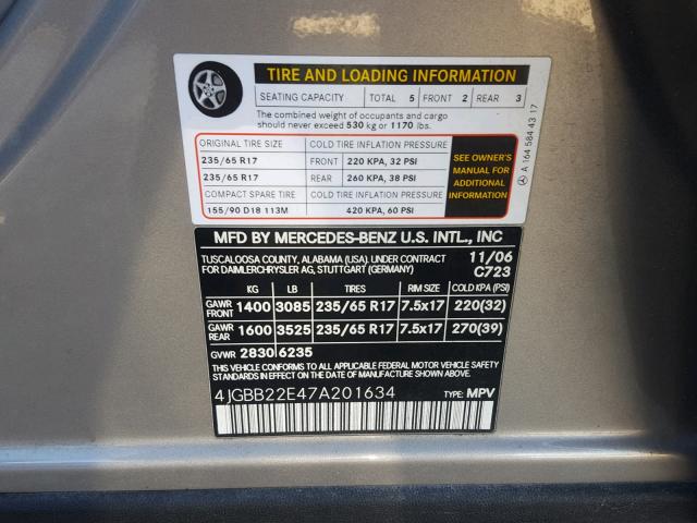 4JGBB22E47A201634 - 2007 MERCEDES-BENZ ML 320 CDI SILVER photo 10