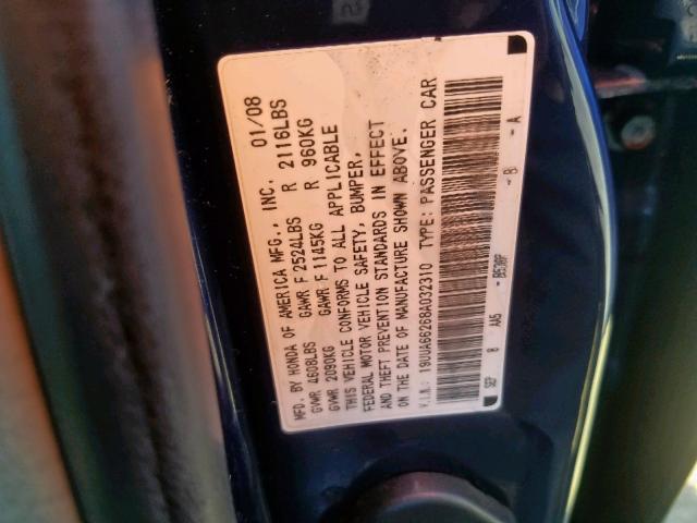 19UUA66268A032310 - 2008 ACURA TL BLUE photo 10