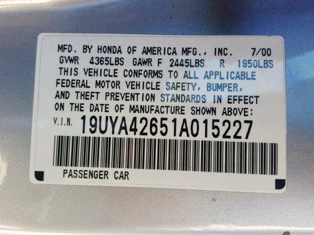 19UYA42651A015227 - 2001 ACURA 3.2CL TYPE SILVER photo 10