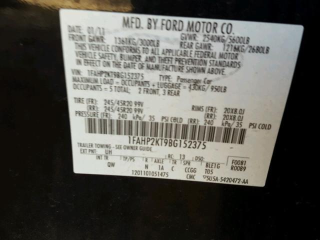 1FAHP2KT9BG152375 - 2011 FORD TAURUS SHO BLACK photo 10