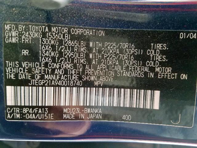 JTEGP21A940018740 - 2004 TOYOTA HIGHLANDER BLUE photo 10