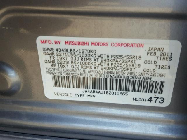 JA4AR4AU1BZ011665 - 2011 MITSUBISHI OUTLANDER GRAY photo 10