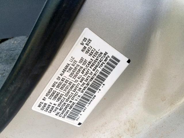 5FNRL38716B018177 - 2006 HONDA ODYSSEY EX GRAY photo 10