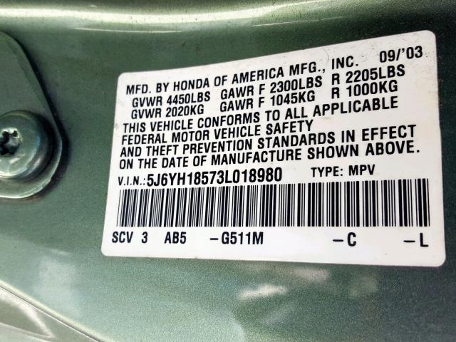 5J6YH18573L018980 - 2003 HONDA ELEMENT EX GREEN photo 10