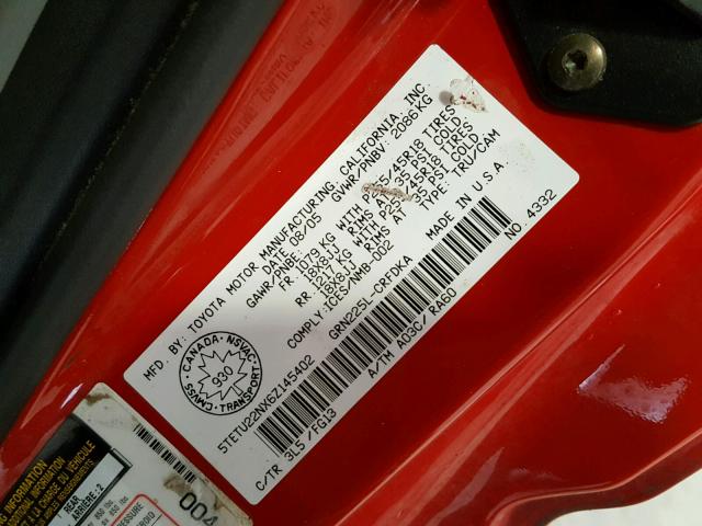 5TETU22NX6Z145402 - 2006 TOYOTA TACOMA X-R RED photo 10