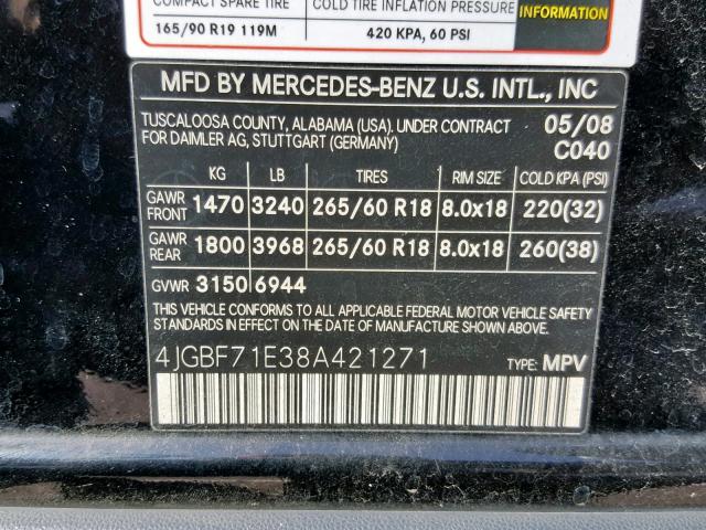 4JGBF71E38A421271 - 2008 MERCEDES-BENZ GL 450 4MA BLACK photo 10