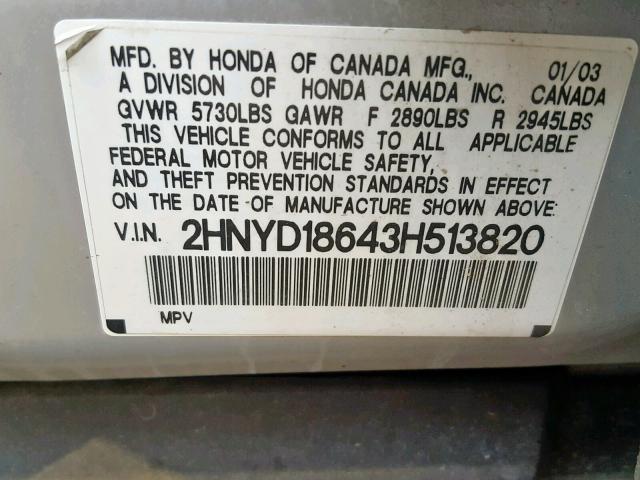 2HNYD18643H513820 - 2003 ACURA MDX TOURIN SILVER photo 10