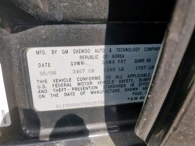 KL1TD56637B036720 - 2007 CHEVROLET AVEO BASE შავი ფოტო 10