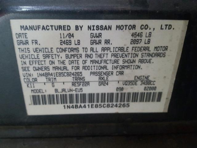 1N4BA41E85C824265 - 2005 NISSAN MAXIMA SE CHARCOAL photo 10