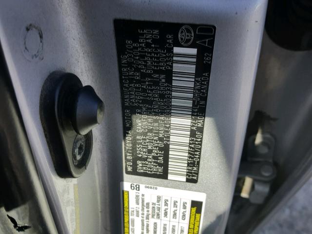 2T1LE40E09C003937 - 2009 TOYOTA COROLLA MA SILVER photo 10