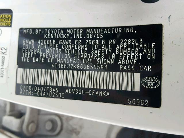 4T1BE32K86U659581 - 2006 TOYOTA CAMRY LE WHITE photo 10