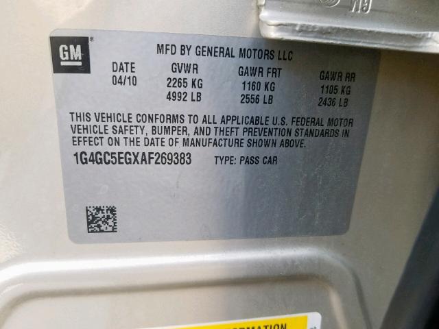 1G4GC5EGXAF269383 - 2010 BUICK LACROSSE C SILVER photo 10