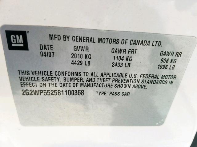 2G2WP552581100368 - 2008 PONTIAC GRAND PRIX WHITE photo 10